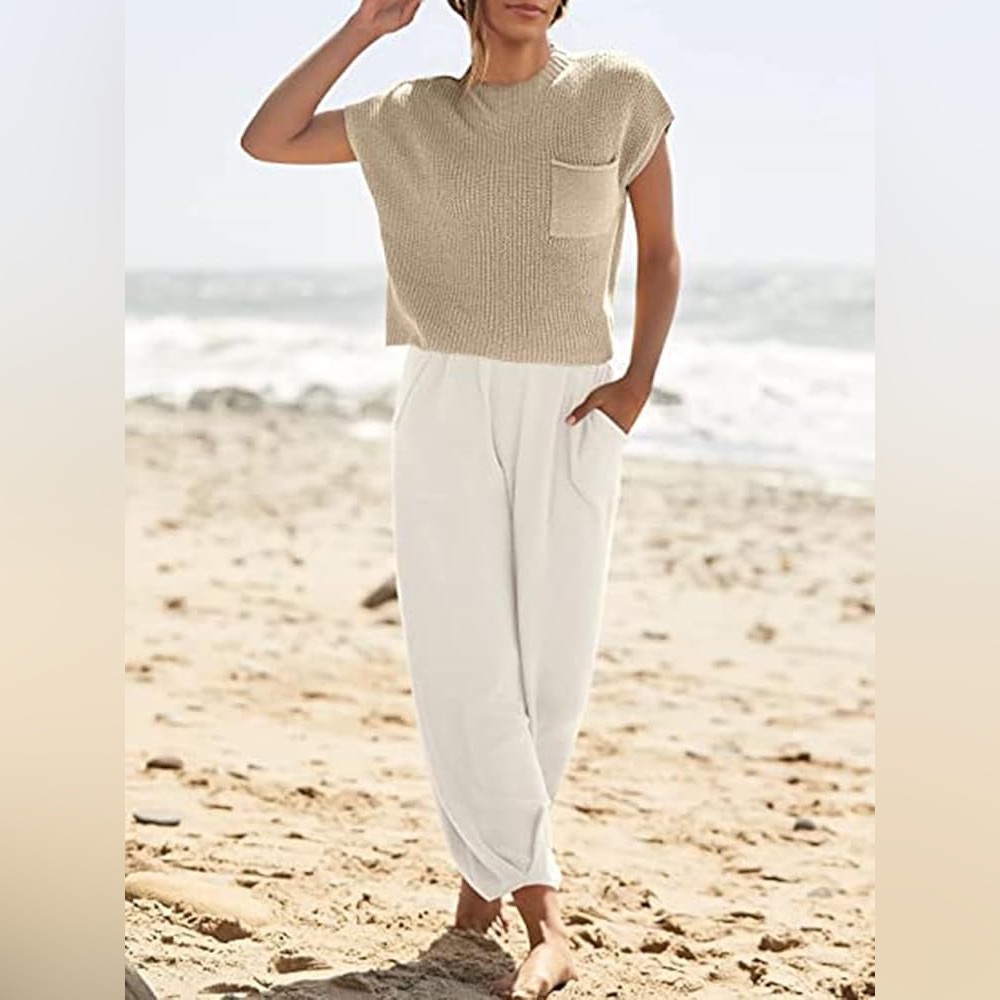 Amazon 2Pc Khaki Knit Top White High Waist Knit Jogger Pant Lounge Set M NWOT